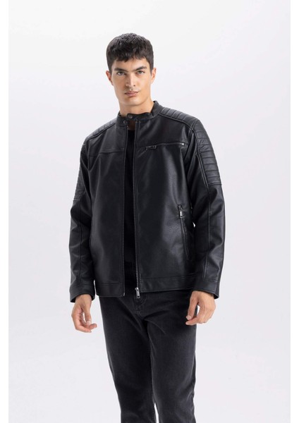 Su İtici Slim Fit Dar Kesim Dik Yaka Fermuarlı Suni Deri Mont D6241AX25SP
