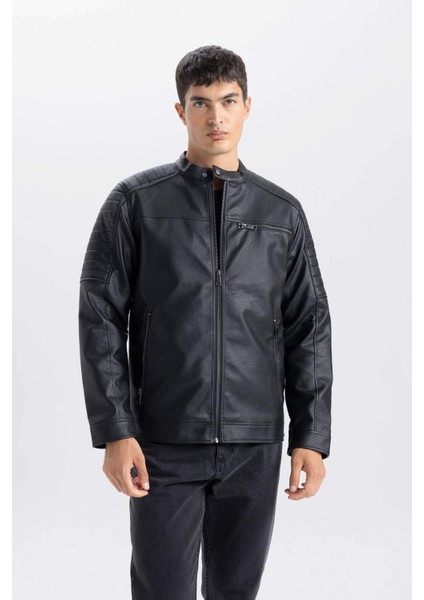 Su İtici Slim Fit Dar Kesim Dik Yaka Fermuarlı Suni Deri Mont D6241AX25SP