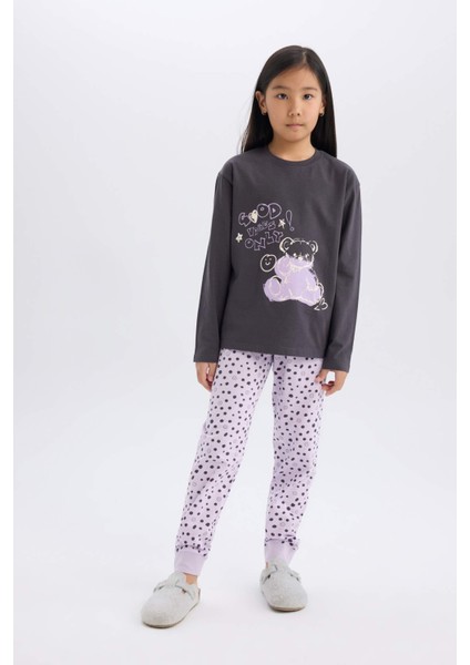 Kız Çocuk Pijama Takımı Baskılı Uzun Kollu Üst Esnek Belli Desenli Uzun Alt E0532A825SP