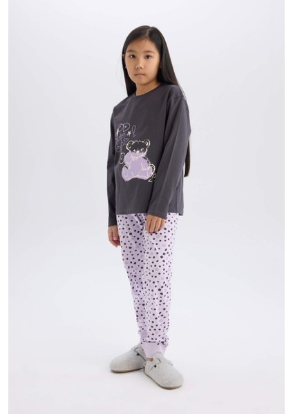 Kız Çocuk Pijama Takımı Baskılı Uzun Kollu Üst Esnek Belli Desenli Uzun Alt E0532A825SP