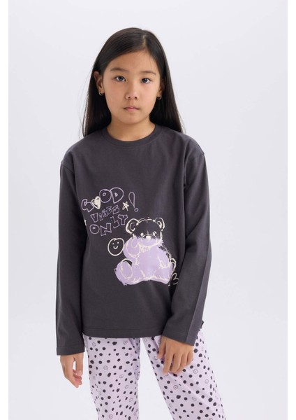 Kız Çocuk Pijama Takımı Baskılı Uzun Kollu Üst Esnek Belli Desenli Uzun Alt E0532A825SP