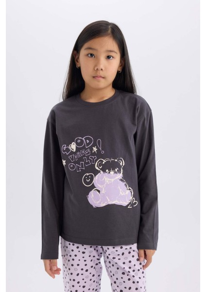 Kız Çocuk Pijama Takımı Baskılı Uzun Kollu Üst Esnek Belli Desenli Uzun Alt E0532A825SP