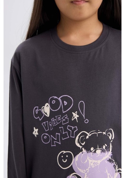 Kız Çocuk Pijama Takımı Baskılı Uzun Kollu Üst Esnek Belli Desenli Uzun Alt E0532A825SP