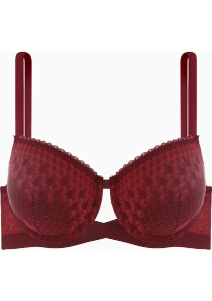 Fashion 2510 Bordo Çapraz Lastik Detaylı Dantelli Double Push Up Dekolte Sütyen