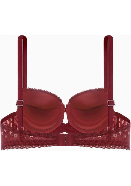 Fashion 2510 Bordo Çapraz Lastik Detaylı Dantelli Double Push Up Dekolte Sütyen