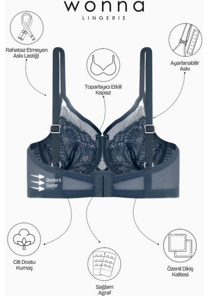 2459 Mavi Tül ve Dantel Detaylı Toparlayıcı Etkili Kapsız Sütyen