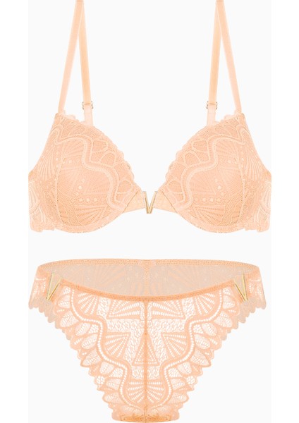 Anna Gold Aksesuarlı Dantelli Sütyen Külot Takım - Push Up - 2568 - Kavuniçi
