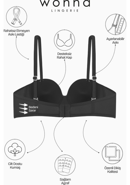 Roya 2560 Siyah Desteksiz Bütün Kap Straplez Mikro Basic Sütyen (Tak-Çıkar Askılı)