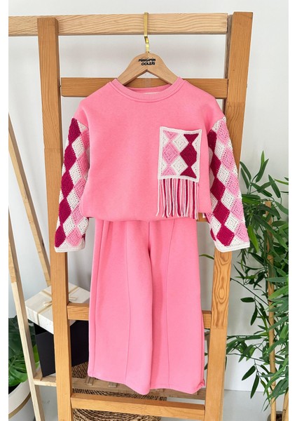 Baklava Örgü Desenli Kız Çocuk 2 Li kışlık takım - Pembe