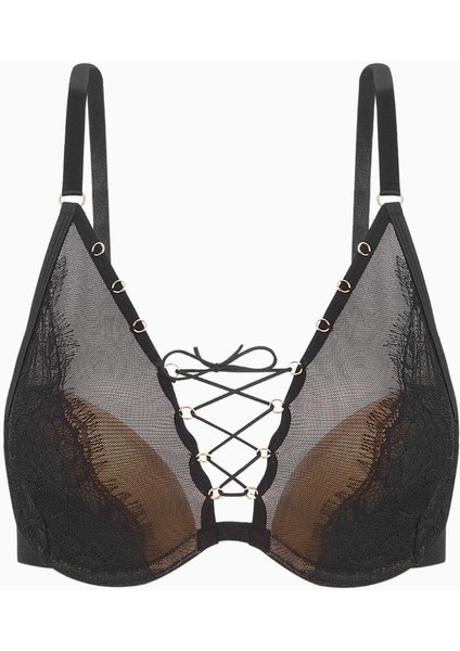 Bağlama Detaylı Dantelli Sütyen - Dolgusuz - Fashion - 2579 - Siyah Kap Ten