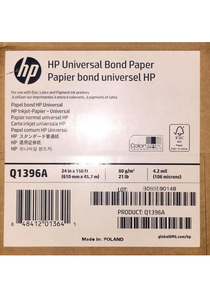 Q1396A Universal Bond Kağıdı-610 Mm X 45,7 M (24 Inc X 150 Ft) 80 G/M2