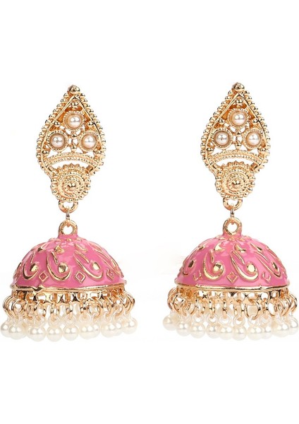 El Işi Geleneksel Düğün Kıyafeti Sahte Kundan Çivili Çiçek Emaye Jhumka Jhumki Küpe Kadınlar Kızlar Için Hint Etnik Moda Takı (Yurt Dışından)