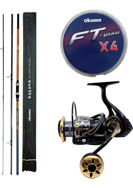 Profesyonel Olta Seti Okuma Salina Surf 14' 420 cm 3 Parça Surf Kamışı&kendo Black Bass GP6000 5+1bb Olta Makinesi