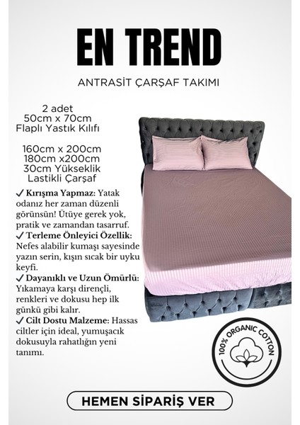 Çizgili Saten Çift Kişilik Çarşaf Seti (%100 Pamuk); Lastikli Fitted Çarşaf + 2 Ad Yastık Kılıfı