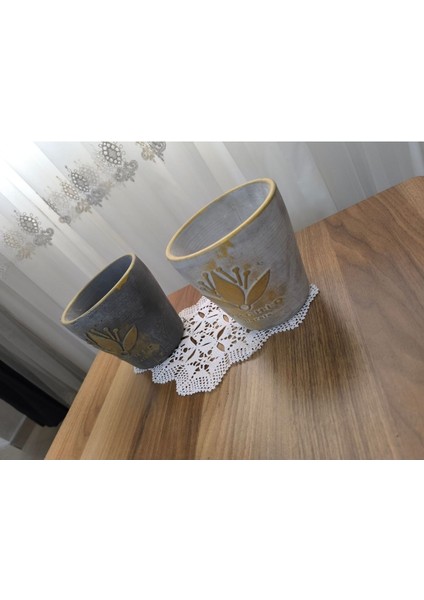 2 Adet Gold Eskitme Beton Orkide Saksısı Antrasit - Gri