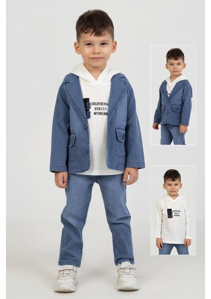 Kot Ceketli Kapüşonlu Erkek Çocuk 3 lü takım - Mavi