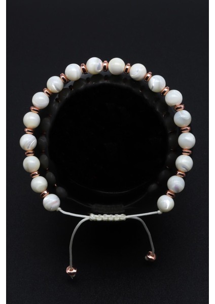 Sedef Doğal Taş Makrome Örme Bileklik Küre Kesim