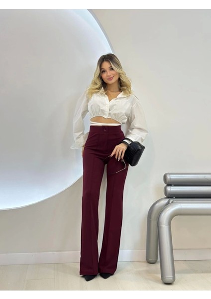 Kadın Bordo Krep Kumaş Likralı Ön Çimalı Ispanyol Paça Palazzo Pantolon