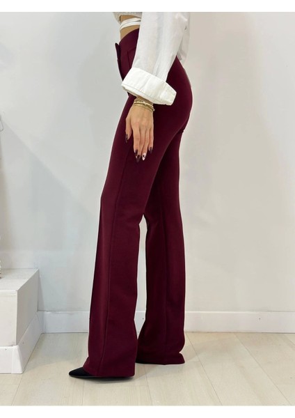 Kadın Bordo Krep Kumaş Likralı Ön Çimalı Ispanyol Paça Palazzo Pantolon modelleri