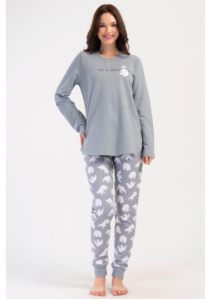 Kadın Büyük Beden 2 Iplik Uzun Kol Gri Pijama Takım C6T3N0O304