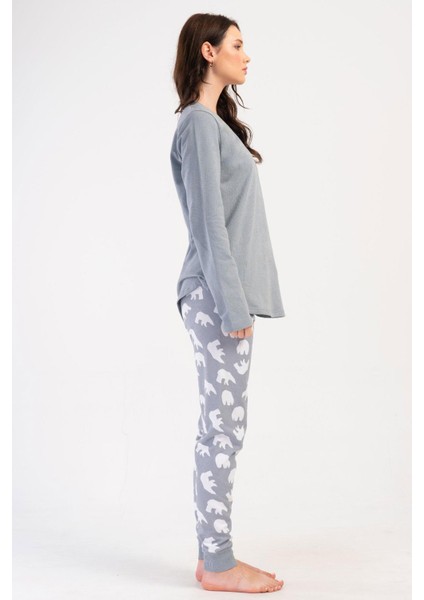Kadın Büyük Beden 2 Iplik Uzun Kol Gri Pijama Takım C6T3N0O304