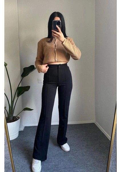 Kadın Siyah Krep Kumaş Likralı Ön Çimalı Ispanyol Paça Palazzo Pantolon