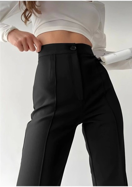 Kadın Siyah Krep Kumaş Likralı Ön Çimalı Ispanyol Paça Palazzo Pantolon fiyatları