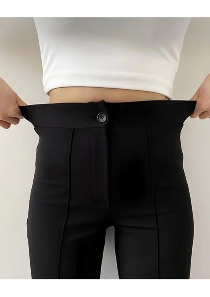 Kadın Siyah Krep Kumaş Likralı Ön Çimalı Ispanyol Paça Palazzo Pantolon modelleri
