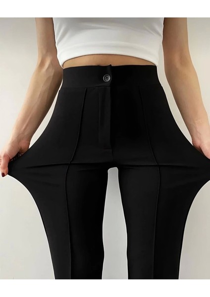 Kadın Siyah Krep Kumaş Likralı Ön Çimalı Ispanyol Paça Palazzo Pantolon indirimleri
