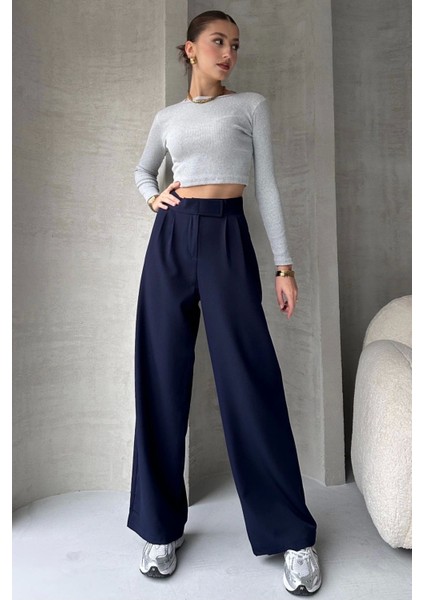 Lacivert Pantolon Kadın Yüksek Bel Ayarlanabilir Bel Bol Paça Pamuklu Günlük Stil