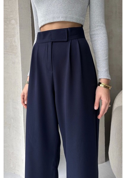 Lacivert Pantolon Kadın Yüksek Bel Ayarlanabilir Bel Bol Paça Pamuklu Günlük Stil fiyatları