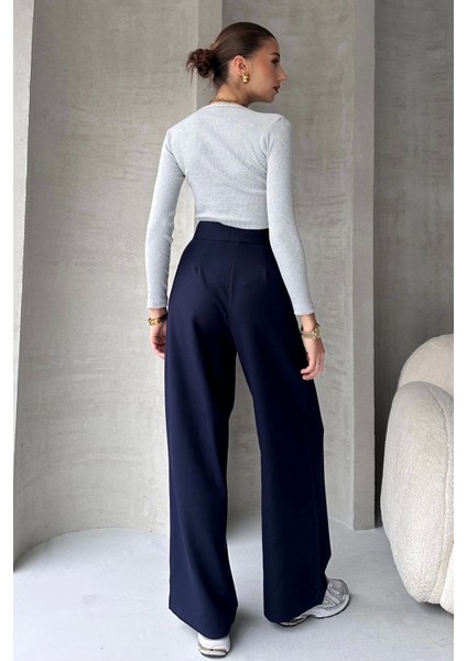 Lacivert Pantolon Kadın Yüksek Bel Ayarlanabilir Bel Bol Paça Pamuklu Günlük Stil modelleri