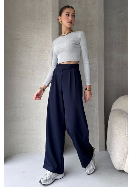 Lacivert Pantolon Kadın Yüksek Bel Ayarlanabilir Bel Bol Paça Pamuklu Günlük Stil indirimleri