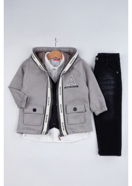 Şerit Detaylı Cepkenli Erkek Çocuk 4 lü takım - Gri