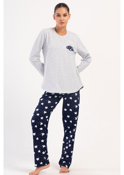 Kadın Büyük Beden 2 İplik Uzun Kol Gri Melanj Pijama Takım C4T2N0O304