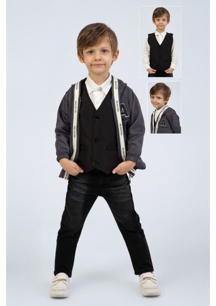 Şerit Detaylı Cepkenli Erkek Çocuk 4 lü takım - Antrasit