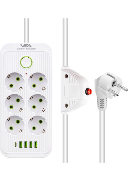 6lı 1.5 Metre Kablolu 4 Usbli Beyaz Akım Korumalı Priz VA-21564 - CLR2216-9452