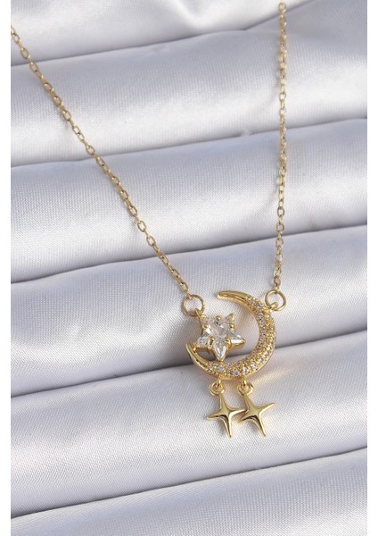316L Çelik Zincir Gold Renk Zirkon Taşlı Hilal Model Yıldız Detay Kadın Kolye