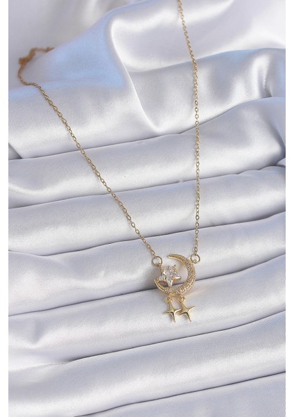 316L Çelik Zincir Gold Renk Zirkon Taşlı Hilal Model Yıldız Detay Kadın Kolye fiyatları