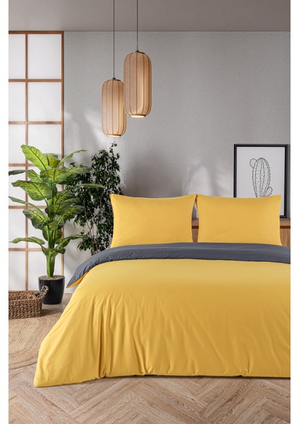 Organik Pamuk Akfil Çift Taraflı Nevresim Takımı Çift Kişilik 200X220 cm Antrasit Hardal