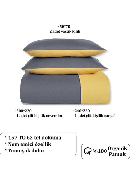 Organik Pamuk Akfil Çift Taraflı Nevresim Takımı Çift Kişilik 200X220 cm Antrasit Hardal indirimleri