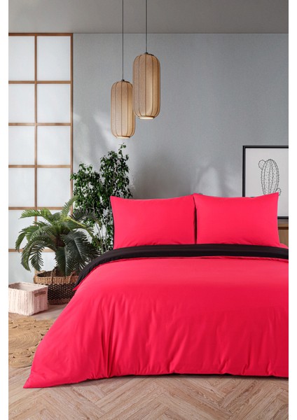Organik Pamuk Akfil Çift Taraflı Nevresim Takımı Çift Kişilik 200X220 cm Kırmızı Siyah