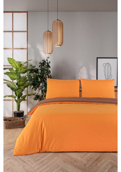Organik Pamuk Akfil Çift Taraflı Nevresim Takımı Çift Kişilik 200X220 cm Oranj Kahve