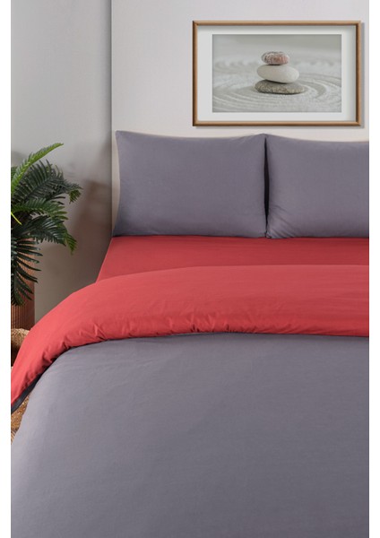 Organik Pamuk Akfil Çift Taraflı Nevresim Takımı Tek Kişilik 160X220 cm Bordo Antrasit