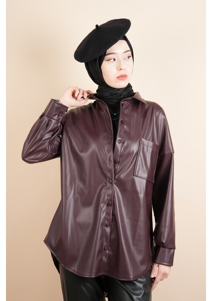 Bayan Deri Gömlek Tek Cepli Düğmeli Gömlek Bordo