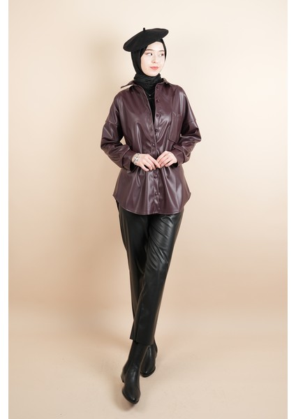 Bayan Deri Gömlek Tek Cepli Düğmeli Gömlek Bordo fiyatları