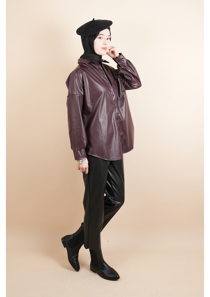 Bayan Deri Gömlek Tek Cepli Düğmeli Gömlek Bordo modelleri