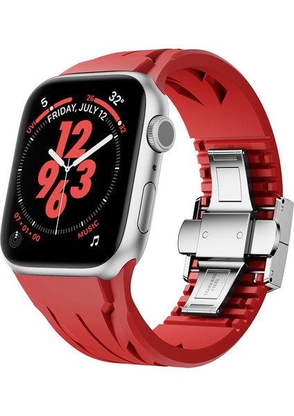 Apple Watch 7 45MM KRD-127 Metal Tokalı Silikon Kordon-Kırmızı