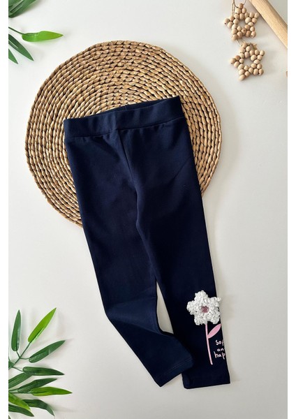 Çiçek Detaylı Kız Çocuk tayt - Lacivert