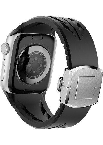 Apple Watch 44MM KRD-127 Metal Tokalı Silikon Kordon-Siyah